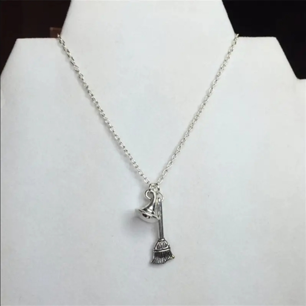 Witch Hat & Broom Pendant w/Necklace